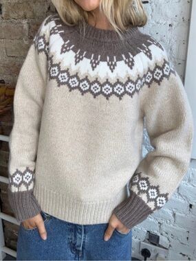 rag & bone Cream and Brown Fair Isle Crewneck Sweater NWTS Size M